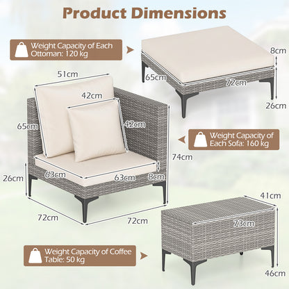5-Piece Patio Conversation Set with 2 Armchairs 2 Ottomans and Side Table-Beige