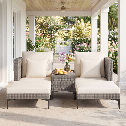 5-Piece Patio Conversation Set with 2 Armchairs 2 Ottomans and Side Table-Beige