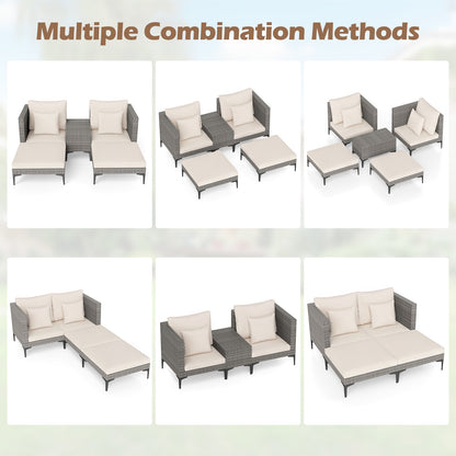 5-Piece Patio Conversation Set with 2 Armchairs 2 Ottomans and Side Table-Beige