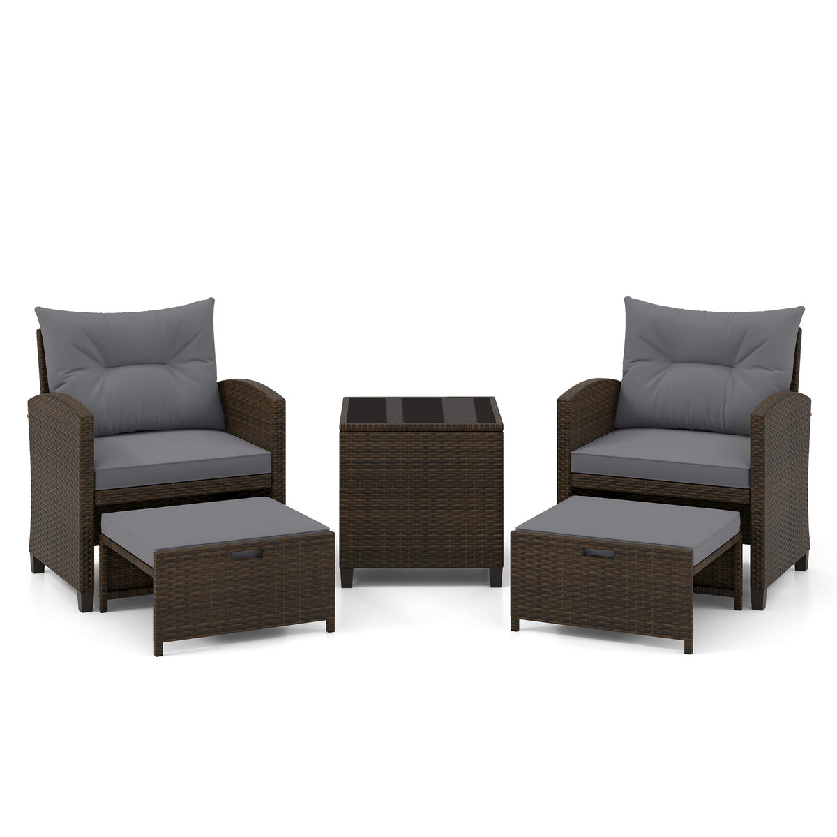 5-Piece Patio Rattan Furniture Set with Ottomans and Coffee Table for Backyard-Grey