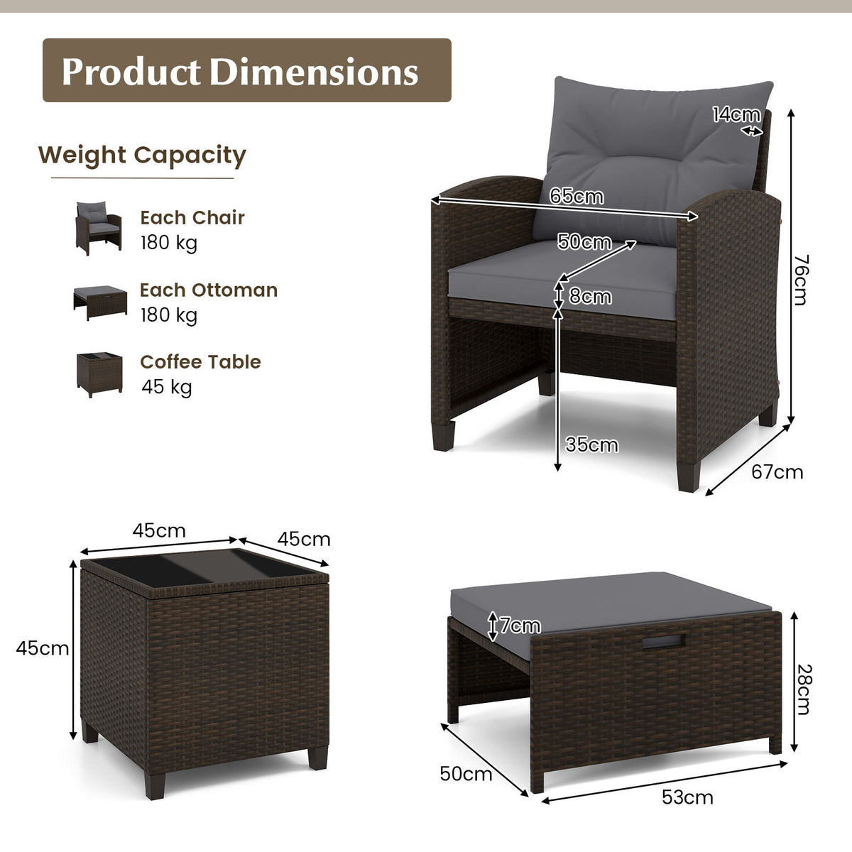 5-Piece Patio Rattan Furniture Set with Ottomans and Coffee Table for Backyard-Grey