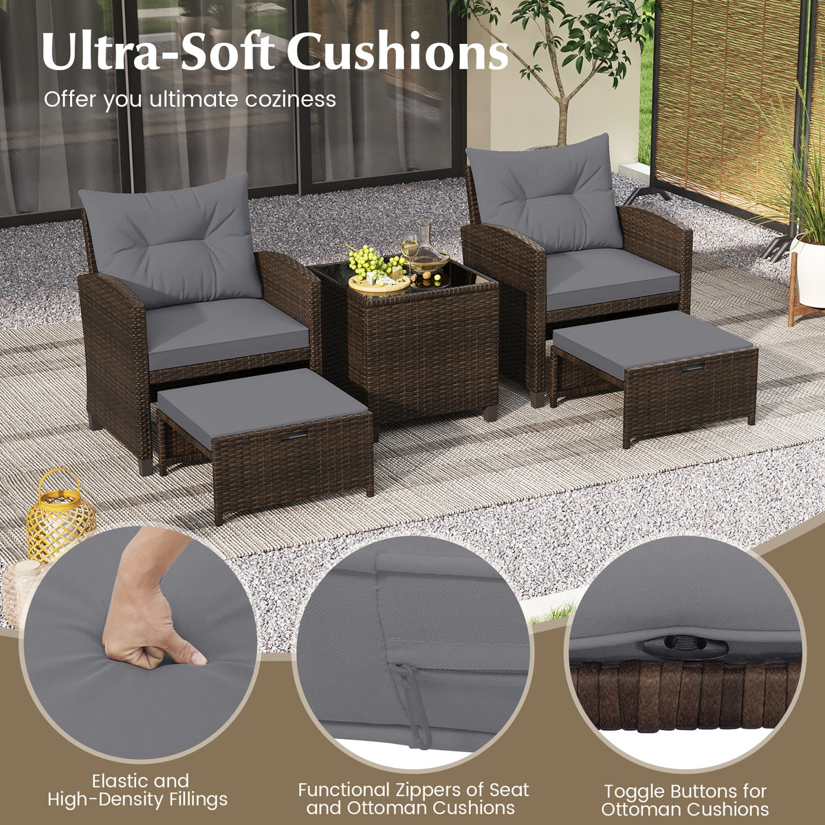 5-Piece Patio Rattan Furniture Set with Ottomans and Coffee Table for Backyard-Grey
