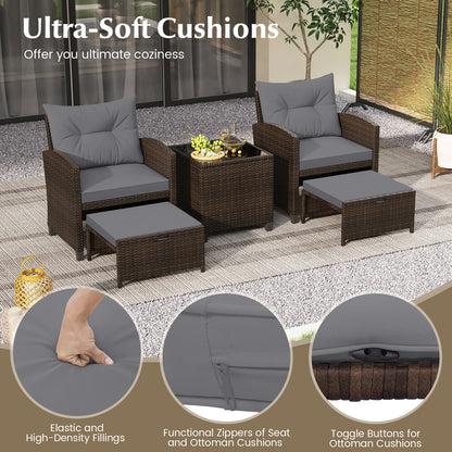 5-Piece Patio Rattan Furniture Set with Ottomans and Coffee Table for Backyard-Grey