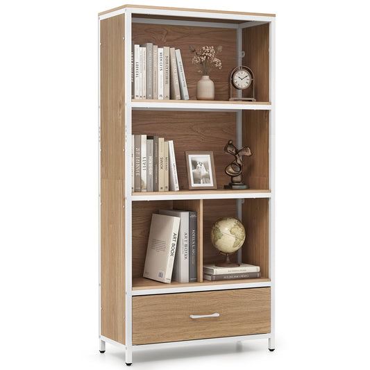 5-Tier Bookshelf Freestanding Bookcase with 4 Storage Compartments-Natural
