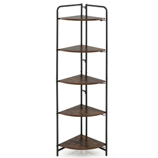 5-Tier Folding Corner Shelf Freestanding Open Display Rack with Heavy-duty Metal Frame-Rustic Brown