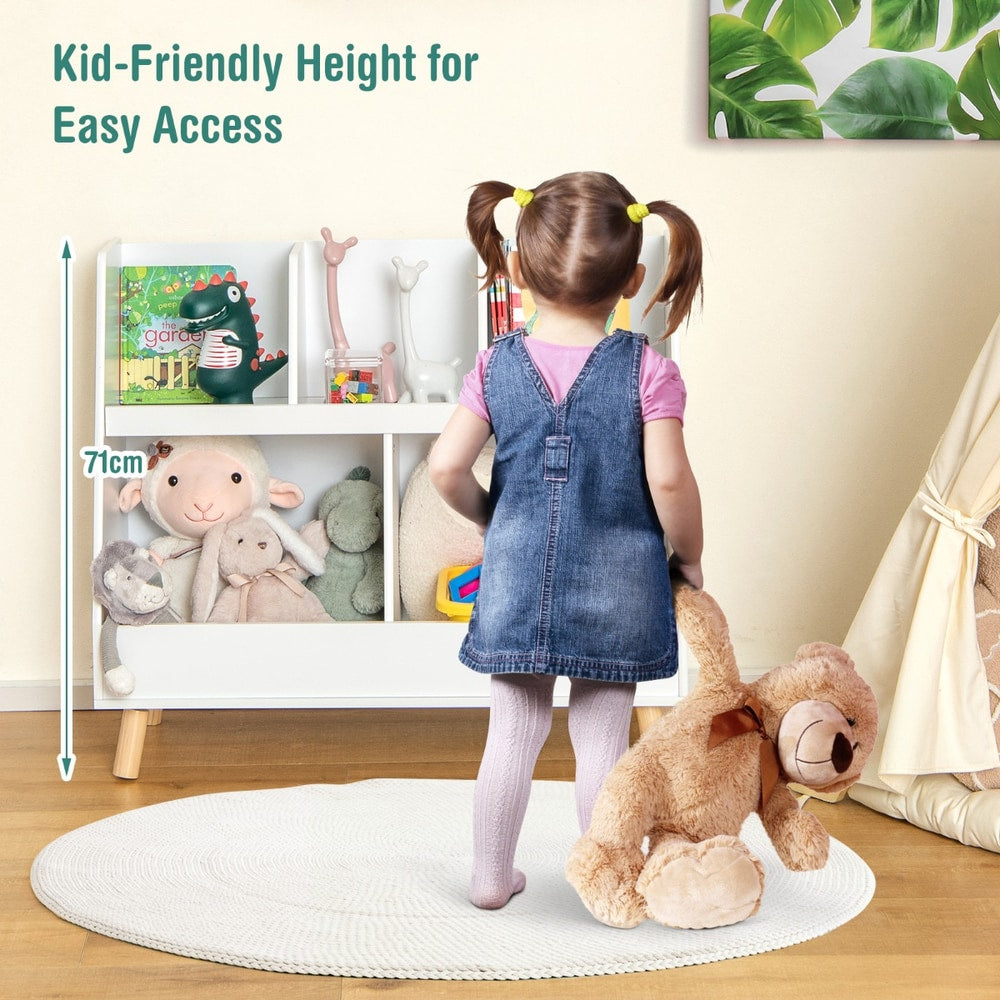 A child reaching for a toy on the low white kids bookshelf and toy organizer