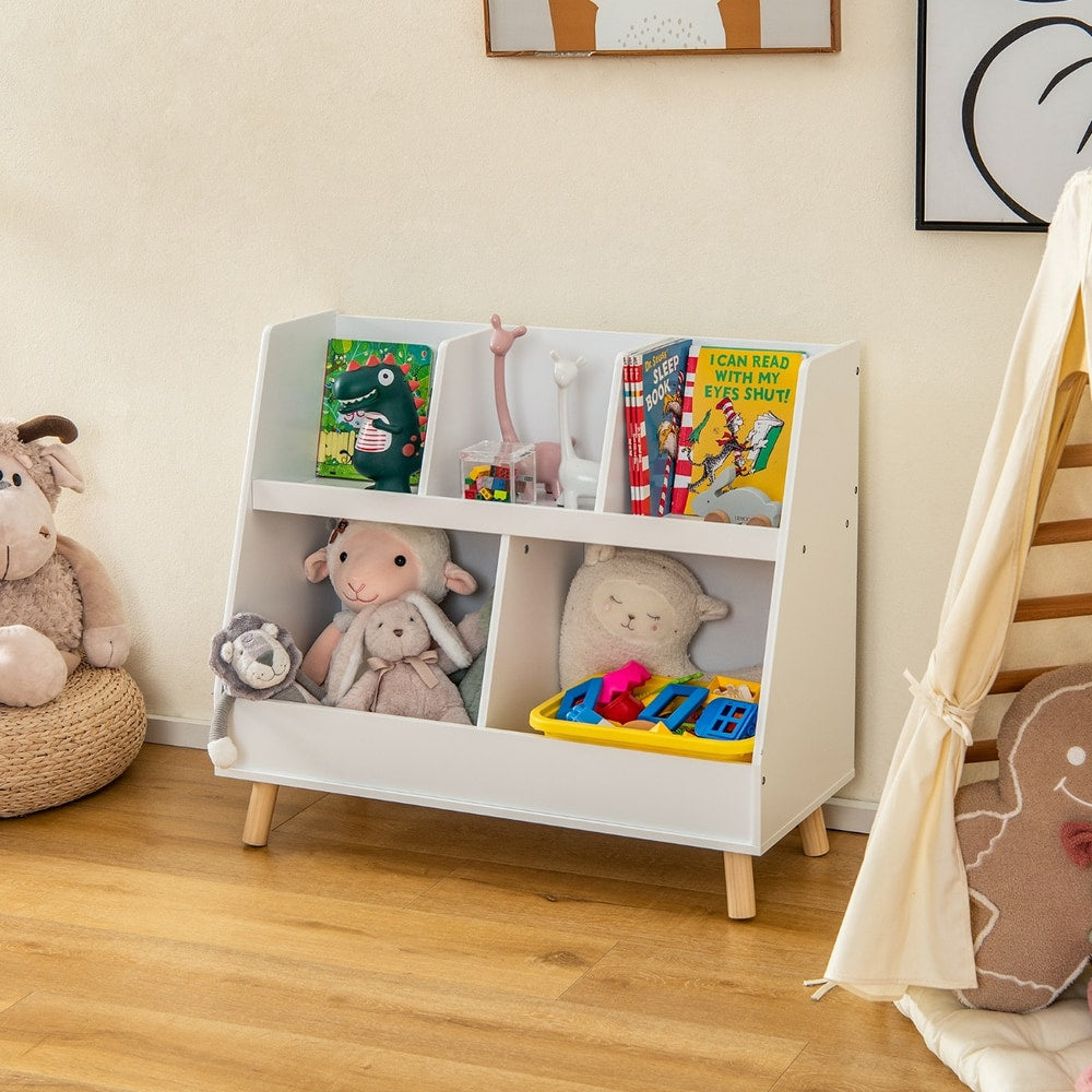 The white kids storage unit has five open cubes and solid wood legs