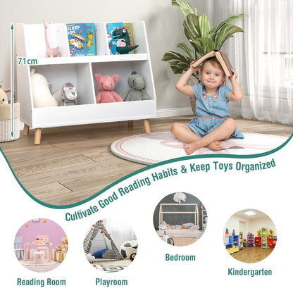 White kids bookshelf and toy organizer shown in a room with a child reading