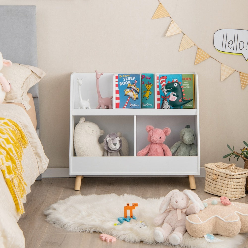 White kids bookshelf with wooden legs holding books and stuffed animals