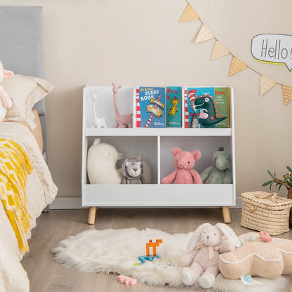 White kids bookshelf with wooden legs holding books and stuffed animals