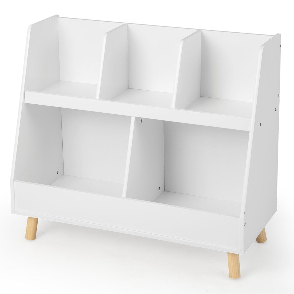 5-Cube Kids Bookshelf and Toy Organizer with solid wood legs and anti-tipping kits in white