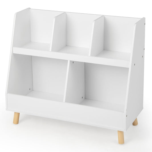 5-Cube Kids Bookshelf and Toy Organizer with solid wood legs and anti-tipping kits in white