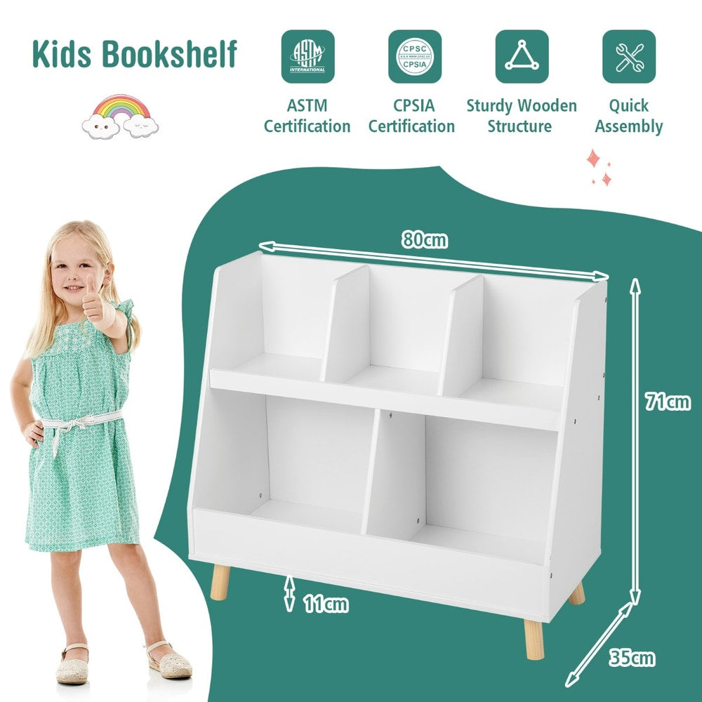 Diagram showing the dimensions of the white kids bookshelf and toy organizer