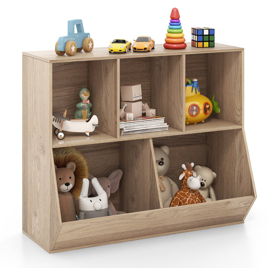 5-Cube Kids Toy Storage Organizer with Anti-Tipping Kits filled with various toys and plush animals