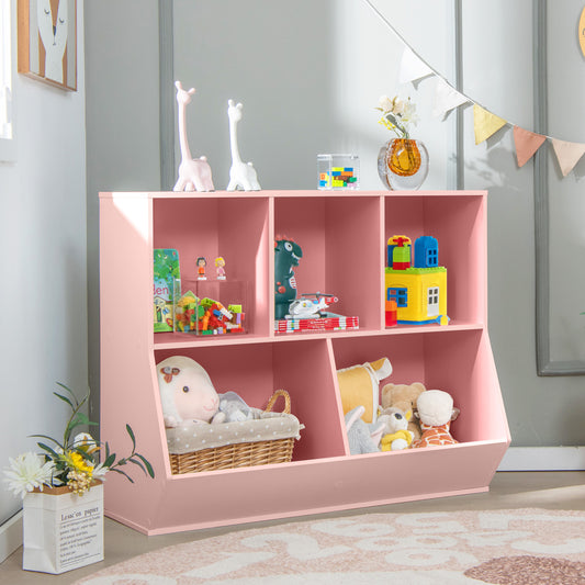 Pink kids storage unit filled with toys and books, shown in a room setting