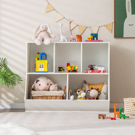 The kids storage unit placed in a bright playroom filled with books and plush animal toys