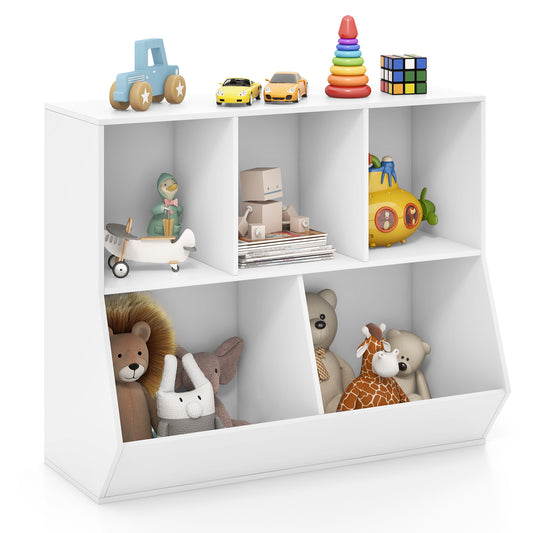 5-Cube Kids Toy Storage Organizer with Anti-Tipping Kits filled with various toys on white background