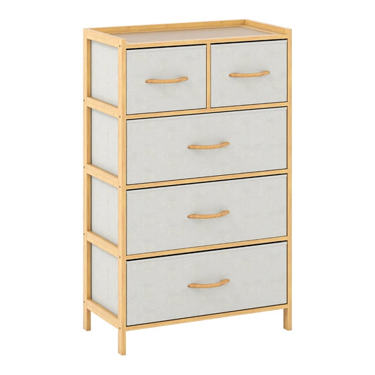 5-Drawer Bamboo Chest of Drawers Vertical Storage Tower with natural wood frame and fabric drawers
