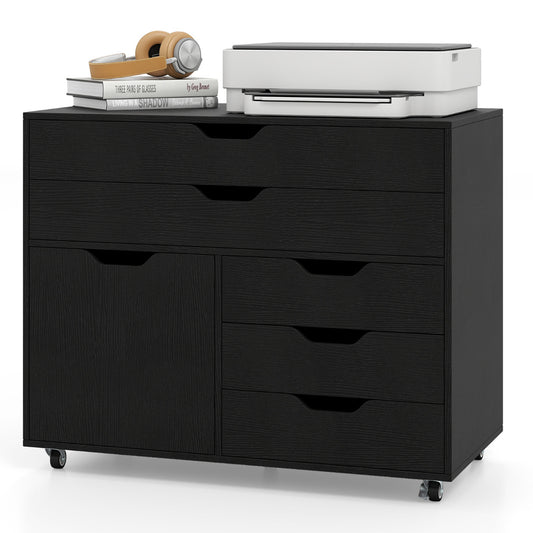 5-Drawer Chest with Door Mobile Chest of Drawers with 5 Casters-Black, a black cabinet with five drawers and one door on
