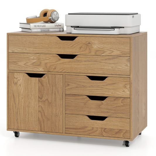 5-Drawer Chest with Door Mobile Chest of Drawers with 5 Casters-Natural with a printer and headphones on top
