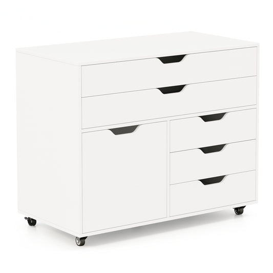 5-Drawer Chest in white with a side door and five black caster wheels on a plain background