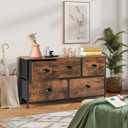 Rustic brown dresser with five drawers and wooden top, shown in a bedroom setting