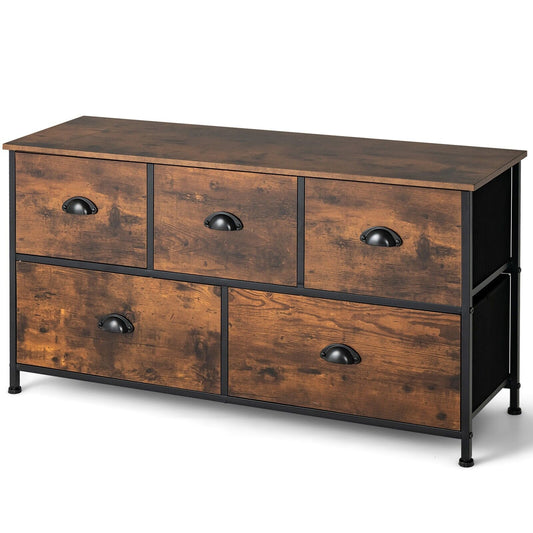5-Drawer Multifunction Dresser with Foldable Drawers and Wooden Top in rustic brown with black metal legs