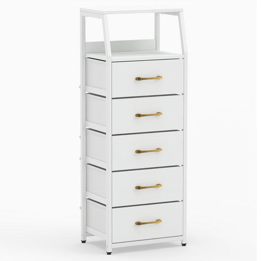 5-Drawer Storage Cabinet with detachable foldable fabric drawers and anti-tipping kits in white