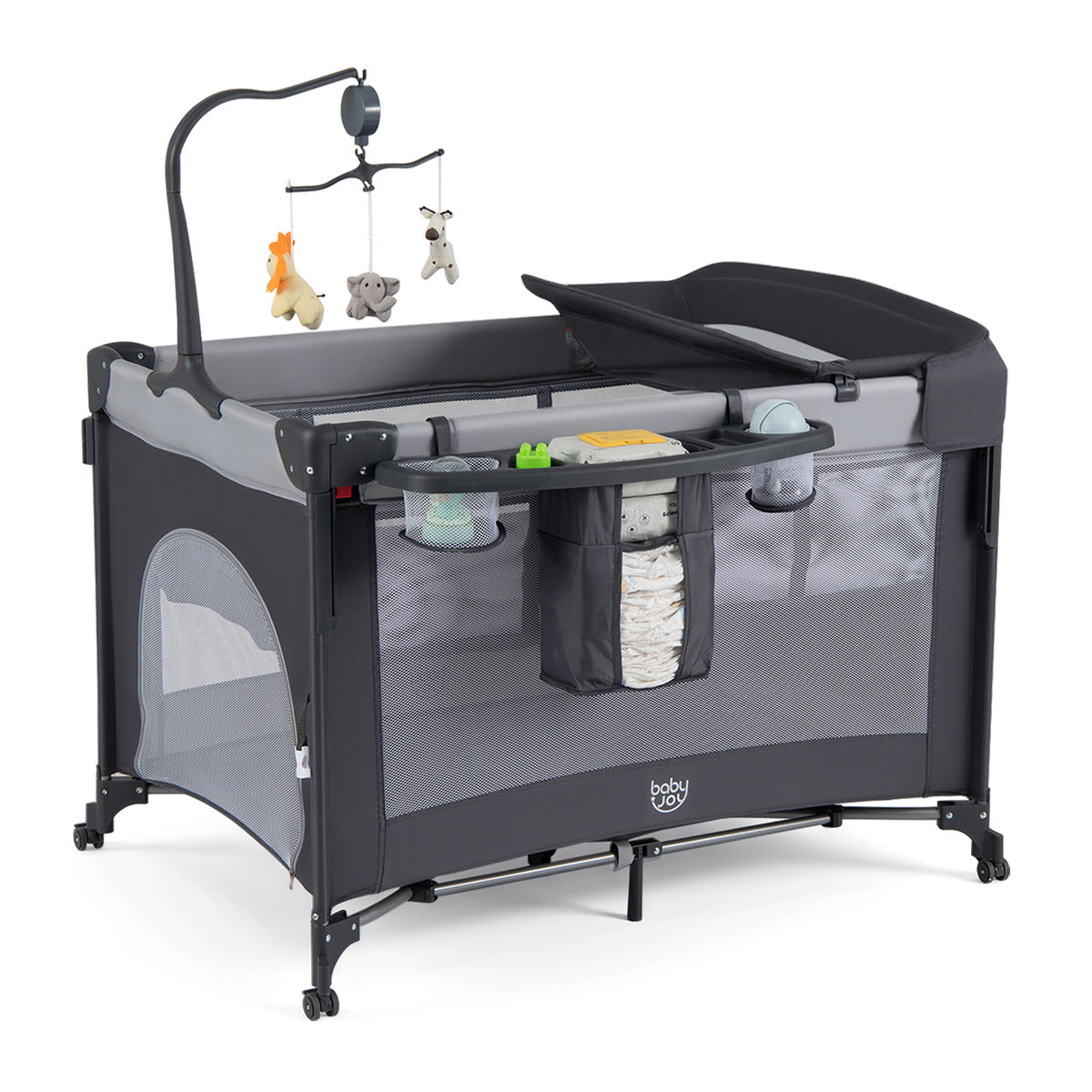 5 in 1 Baby Pack and Play Infant Bedside Sleeper with Mattress-Black
