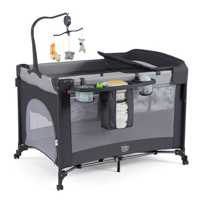 5 in 1 Baby Pack and Play Infant Bedside Sleeper with Mattress-Black