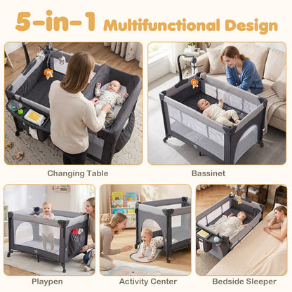 5 in 1 Baby Pack and Play Infant Bedside Sleeper with Mattress-Black