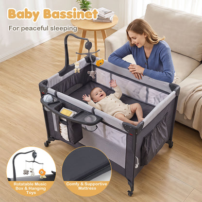 5 in 1 Baby Pack and Play Infant Bedside Sleeper with Mattress-Black