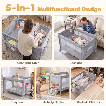 5 in 1 Baby Pack and Play Infant Bedside Sleeper with Mattress-Grey