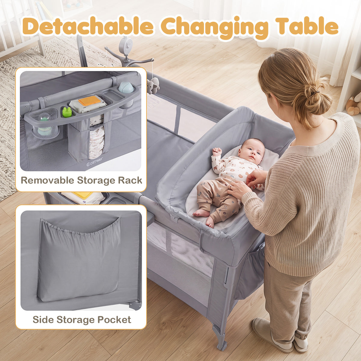 5 in 1 Baby Pack and Play Infant Bedside Sleeper with Mattress-Grey