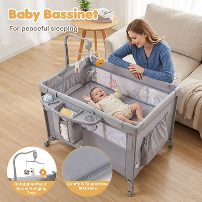 5 in 1 Baby Pack and Play Infant Bedside Sleeper with Mattress-Grey