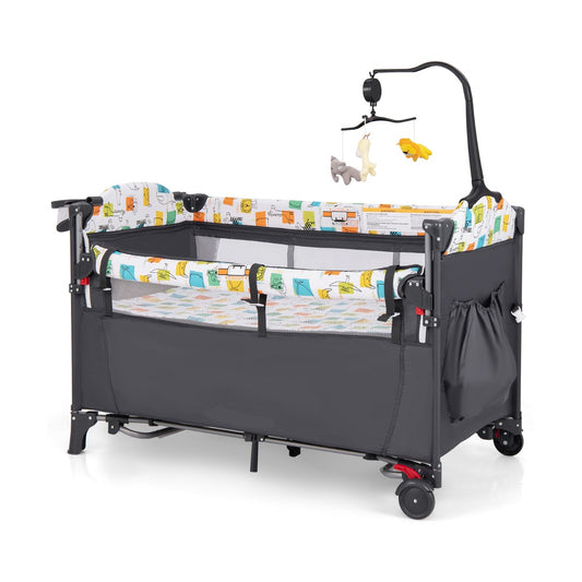 5-in-1 Baby Bassinet Bedside Sleeper with hanging toys and a grey frame on a white background