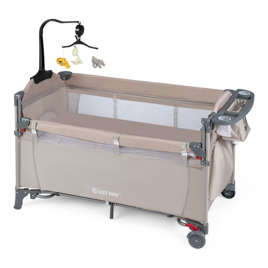 5-in-1 Baby Bassinet Bedside Sleeper with Diaper Changer and Hanging Toys-Sand Color in sand color