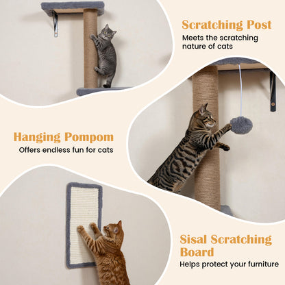 The cat furniture details showing a cat scratching the post and playing with the hanging toy