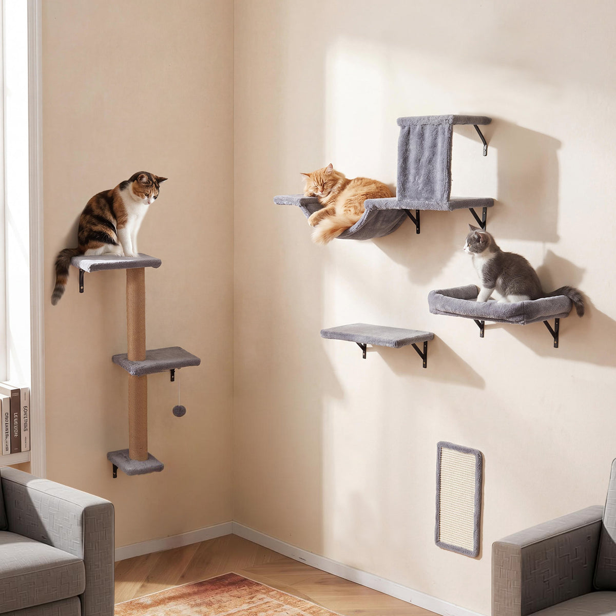 The wall mounted cat furniture installed in a corner with three cats using the different levels