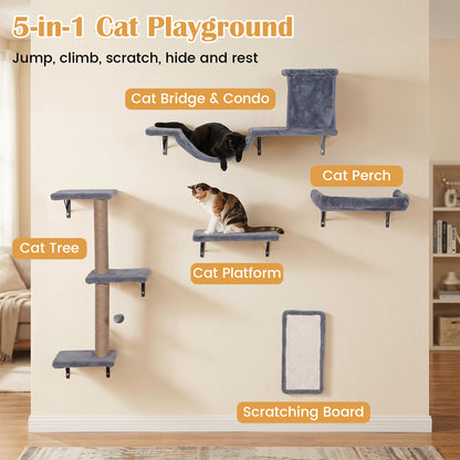 The cat furniture pieces labelled with their specific functions on a wall with a cat resting