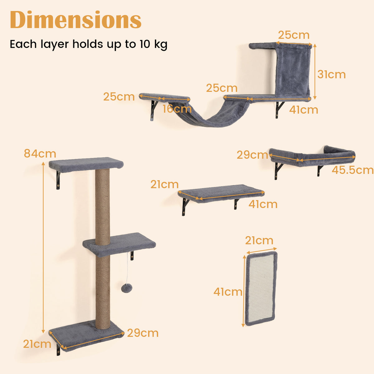 The cat furniture components shown with orange dimension lines and labels on a light background