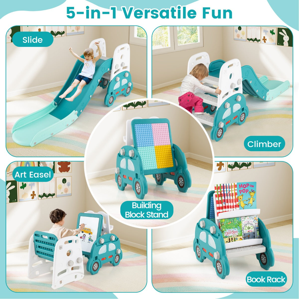 the kids art easel demonstrating five different functional modes for play