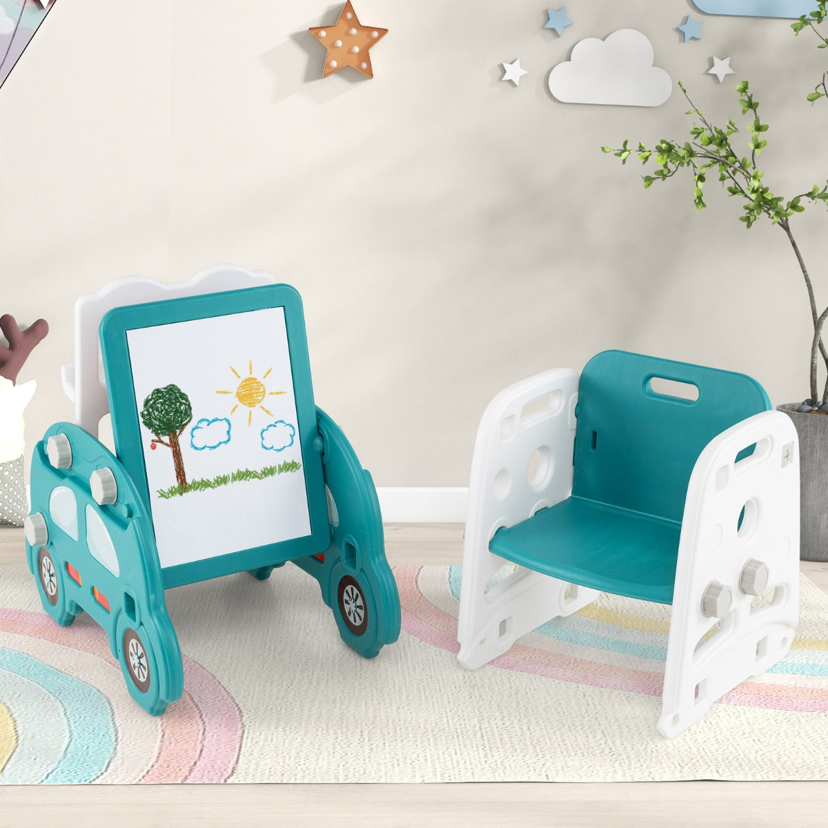 the kids slides set up as a whiteboard easel and a small chair in a playroom