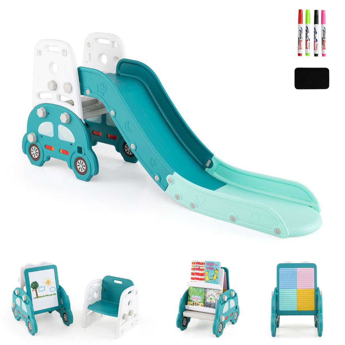 5 in 1 Convertible Kids Art Easel shown as a slide with markers and eraser accessories