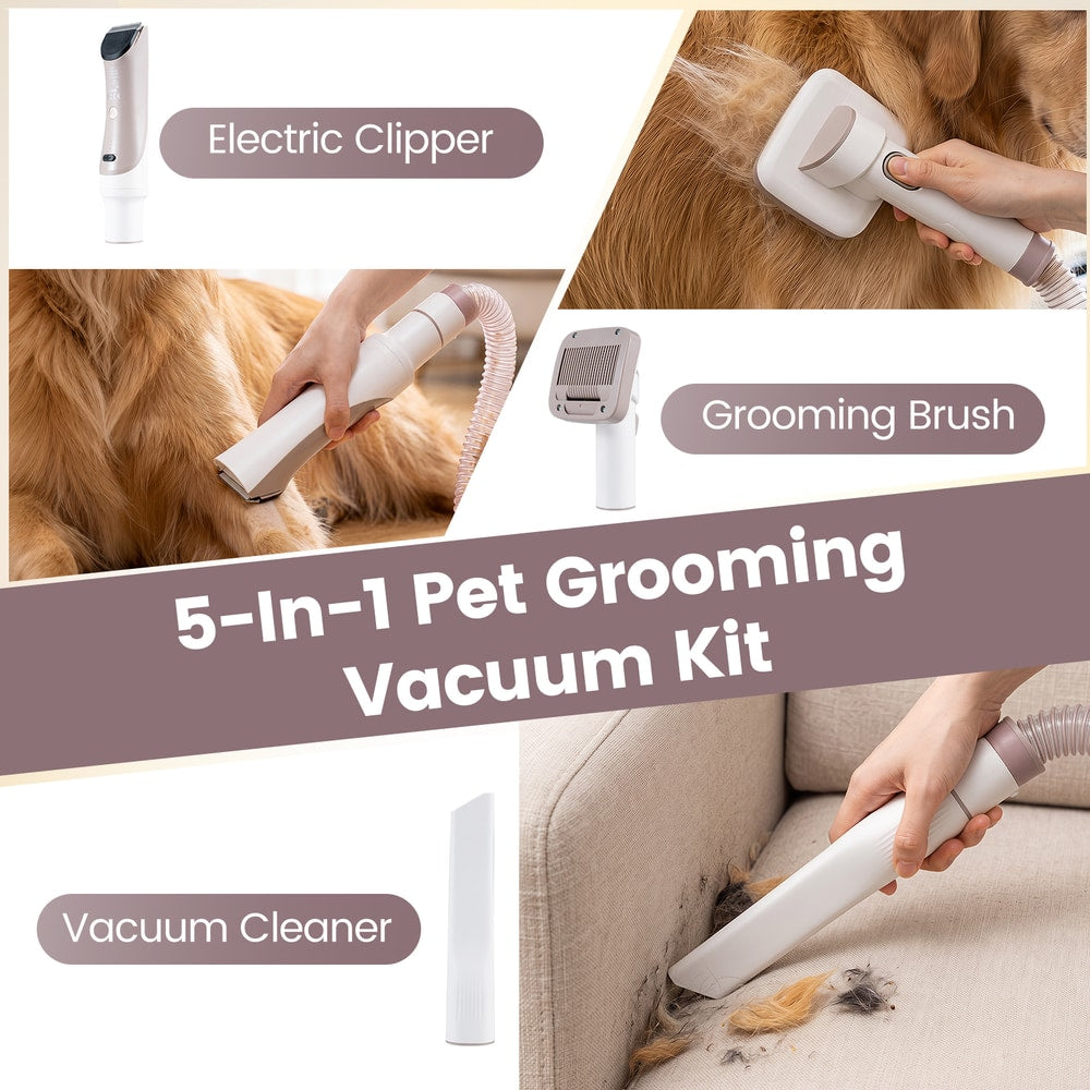 Close up views of the electric clipper, grooming brush, and vacuum cleaner attachments for the pet grooming vacuum kit