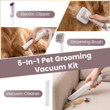 Close up views of the electric clipper, grooming brush, and vacuum cleaner attachments for the pet grooming vacuum kit