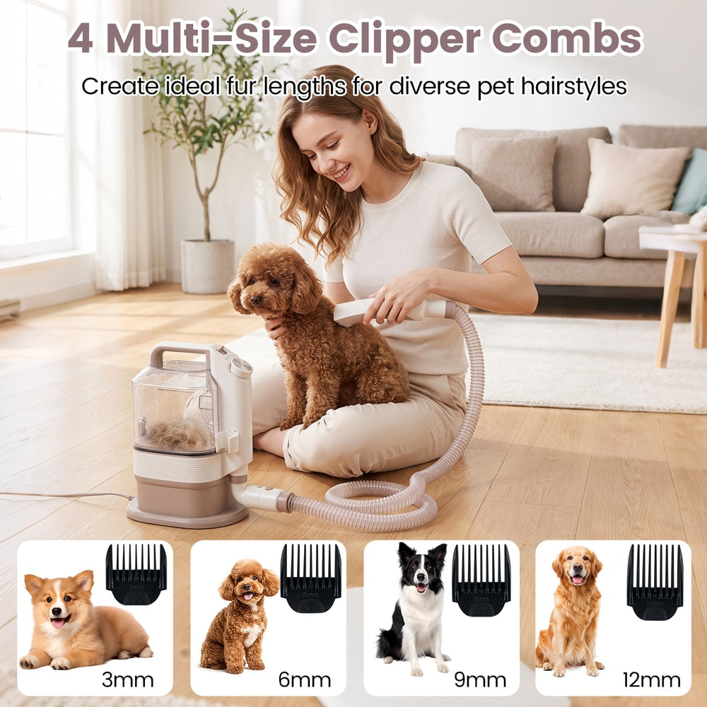 Four multi-size clipper combs for the pet grooming vacuum kit shown with different dog breeds