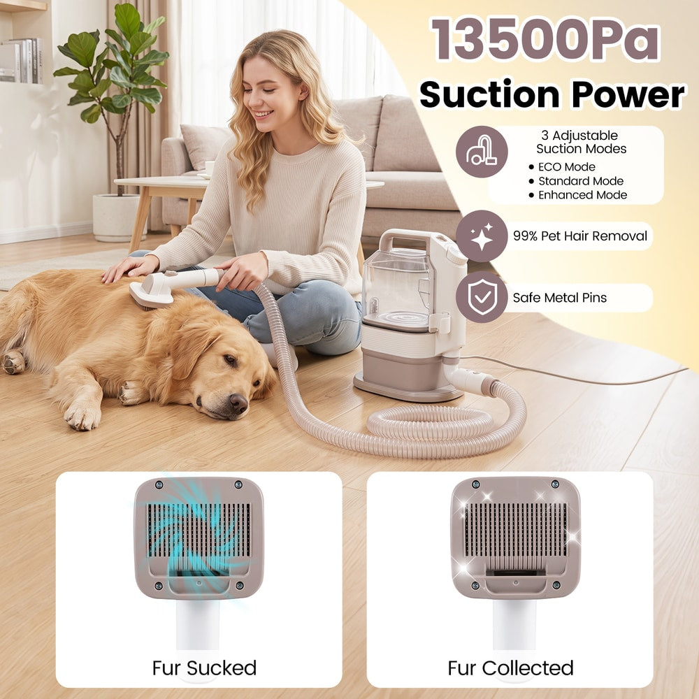 Woman grooming a golden retriever with the pet grooming vacuum kit showing suction power and fur removal