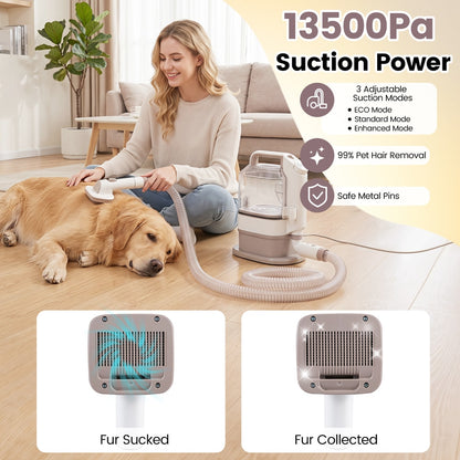 Woman grooming a golden retriever with the pet grooming vacuum kit showing suction power and fur removal