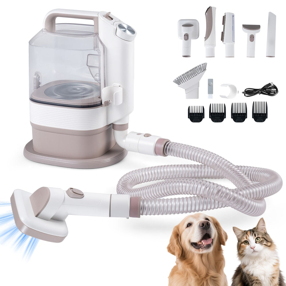 5-in-1 Dog Grooming Vacuum Kit with a grooming brush and vacuum unit next to a golden retriever and a cat